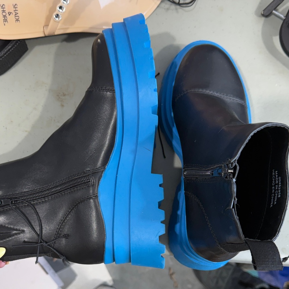 Black Leather Ankle Boots with Bright Blue Lug Sole - Men